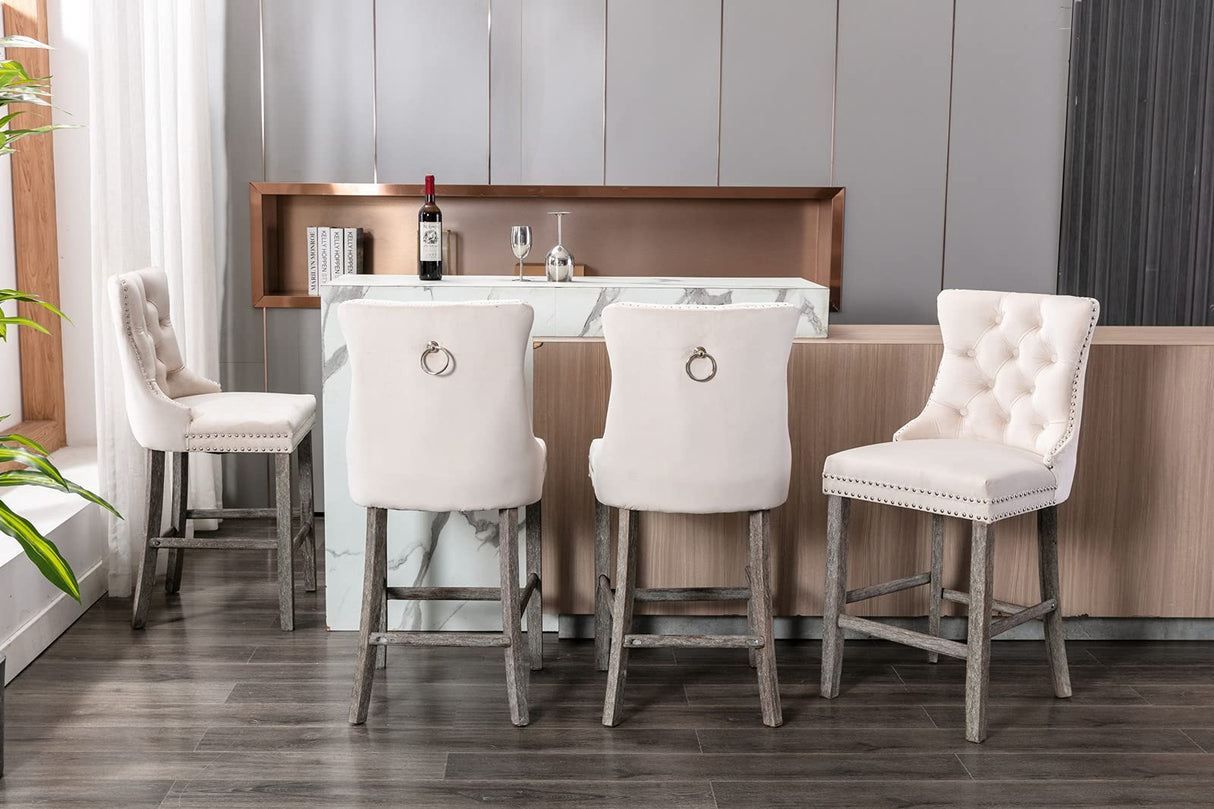 36X Velvet Bar Stools with Studs Trim Wooden Legs Tufted Dining Chairs Kitchen