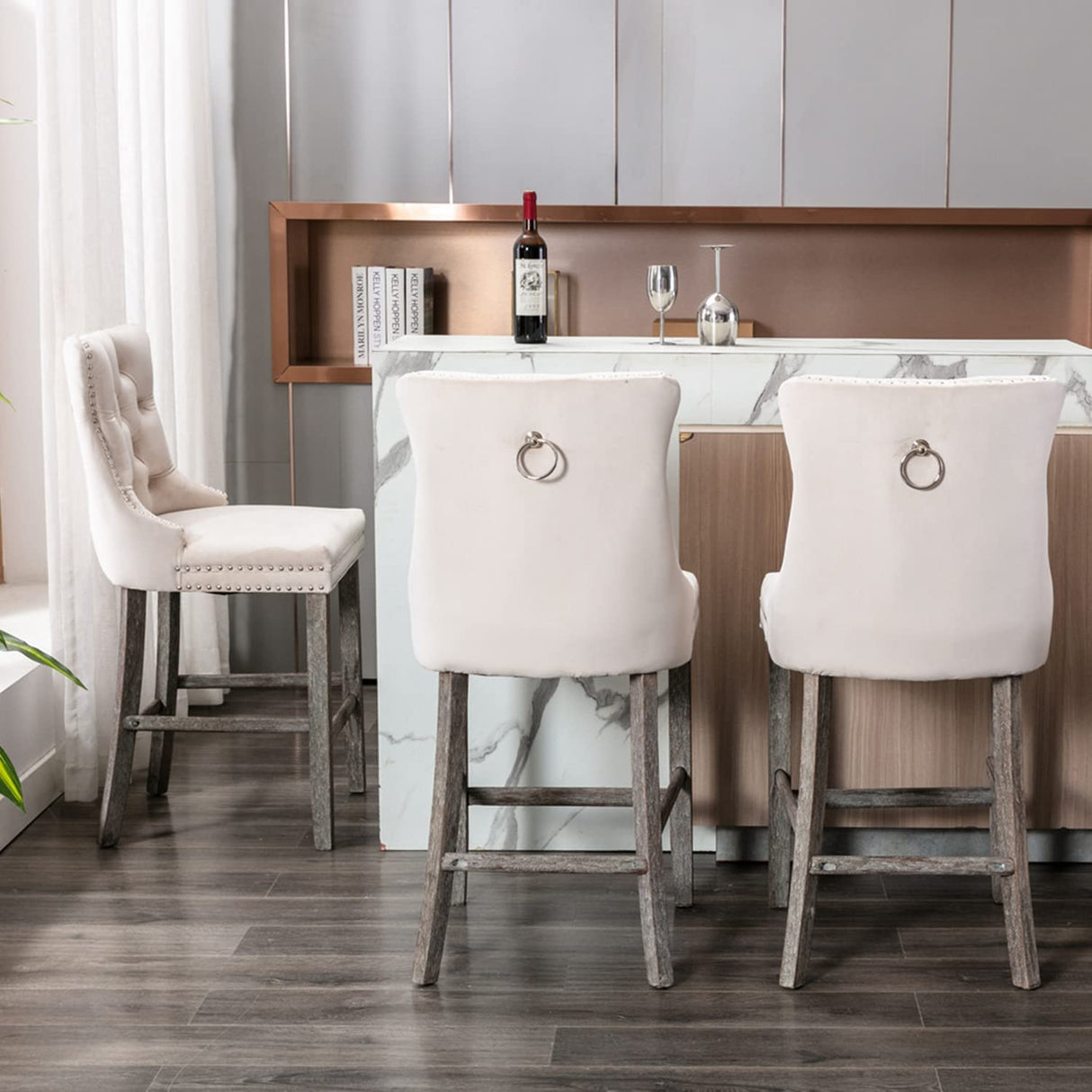 36X Velvet Bar Stools with Studs Trim Wooden Legs Tufted Dining Chairs Kitchen