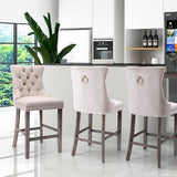 2X Velvet Bar Stools with Studs Trim Wooden Legs Tufted Dining Chairs Kitchen - Extra Image