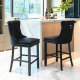 4X Velvet Bar Stools with Studs Trim Wooden Legs Tufted Dining Chairs Kitchen - Front View
