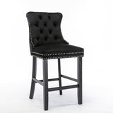 6X Velvet Bar Stools with Studs Trim Wooden Legs Tufted Dining Chairs Kitchen - Side View