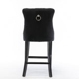 6X Velvet Bar Stools with Studs Trim Wooden Legs Tufted Dining Chairs Kitchen - Close-Up Angle