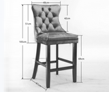 6X Velvet Bar Stools with Studs Trim Wooden Legs Tufted Dining Chairs Kitchen - Low Angle