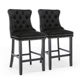 6X Velvet Bar Stools with Studs Trim Wooden Legs Tufted Dining Chairs Kitchen - Extra Image