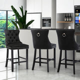 6X Velvet Bar Stools with Studs Trim Wooden Legs Tufted Dining Chairs Kitchen - Extra Image