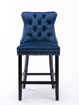 6X Velvet Bar Stools with Studs Trim Wooden Legs Tufted Dining Chairs Kitchen - Side View