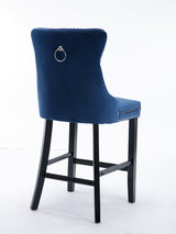 6X Velvet Bar Stools with Studs Trim Wooden Legs Tufted Dining Chairs Kitchen - Rear View