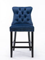 2X Velvet Bar Stools with Studs Trim Wooden Legs Tufted Dining Chairs Kitchen - Front View