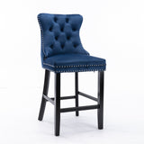 2X Velvet Bar Stools with Studs Trim Wooden Legs Tufted Dining Chairs Kitchen - Side View