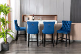 2X Velvet Bar Stools with Studs Trim Wooden Legs Tufted Dining Chairs Kitchen - Rear View