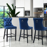 2X Velvet Bar Stools with Studs Trim Wooden Legs Tufted Dining Chairs Kitchen - Extra Image