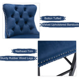2X Velvet Bar Stools with Studs Trim Wooden Legs Tufted Dining Chairs Kitchen - Extra Image