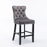 2X Velvet Bar Stools with Studs Trim Wooden Legs Tufted Dining Chairs Kitchen - Front View