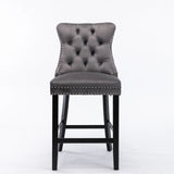 2X Velvet Bar Stools with Studs Trim Wooden Legs Tufted Dining Chairs Kitchen - Side View