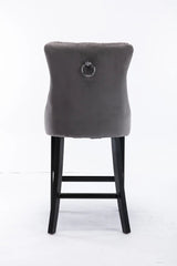 2X Velvet Bar Stools with Studs Trim Wooden Legs Tufted Dining Chairs Kitchen - Rear View