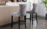 2X Velvet Bar Stools with Studs Trim Wooden Legs Tufted Dining Chairs Kitchen - Low Angle