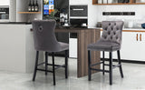 2X Velvet Bar Stools with Studs Trim Wooden Legs Tufted Dining Chairs Kitchen - Extra Image