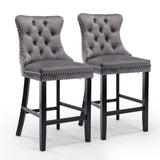 2X Velvet Bar Stools with Studs Trim Wooden Legs Tufted Dining Chairs Kitchen - Extra Image