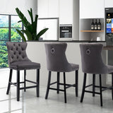 2X Velvet Bar Stools with Studs Trim Wooden Legs Tufted Dining Chairs Kitchen - Extra Image