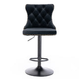 2x Height Adjustable Swivel Bar Stool Velvet Nailhead Barstool with Footrest - Front View