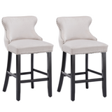 4x Velvet Upholstered Button Tufted Bar Stools with Wood Legs and Studs-Beige - Front View
