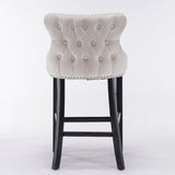 2x Velvet Upholstered Button Tufted Bar Stools with Wood Legs and Studs-Beige - Rear View