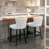 2x Velvet Upholstered Button Tufted Bar Stools with Wood Legs and Studs-Beige - Extra Image