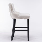 2x Velvet Upholstered Button Tufted Bar Stools with Wood Legs and Studs-Beige - Top-Down View
