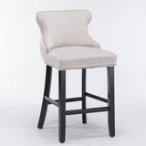 2x Velvet Upholstered Button Tufted Bar Stools with Wood Legs and Studs-Beige - Front View