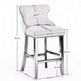 2x Velvet Upholstered Button Tufted Bar Stools with Wood Legs and Studs-Beige - Close-Up Angle