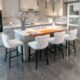 2x Velvet Upholstered Button Tufted Bar Stools with Wood Legs and Studs-Beige - Low Angle