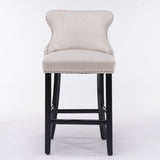 2x Velvet Upholstered Button Tufted Bar Stools with Wood Legs and Studs-Beige - Side View