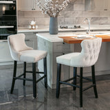 2x Velvet Upholstered Button Tufted Bar Stools with Wood Legs and Studs-Beige - Extra Image