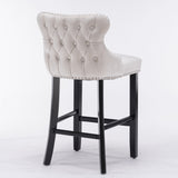 2x Velvet Upholstered Button Tufted Bar Stools with Wood Legs and Studs-Beige - 45-Degree Angle