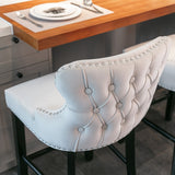 2x Velvet Upholstered Button Tufted Bar Stools with Wood Legs and Studs-Beige - Extra Image