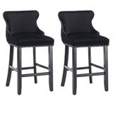 4x Velvet Upholstered Button Tufted Bar Stools with Wood Legs and Studs-Black - Front View