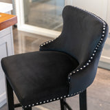 2x Velvet Upholstered Button Tufted Bar Stools with Wood Legs and Studs-Black - Extra Image