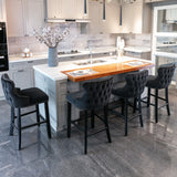2x Velvet Upholstered Button Tufted Bar Stools with Wood Legs and Studs-Black - Low Angle