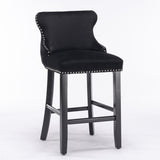 2x Velvet Upholstered Button Tufted Bar Stools with Wood Legs and Studs-Black - Front View