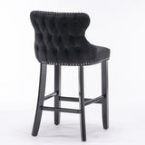 2x Velvet Upholstered Button Tufted Bar Stools with Wood Legs and Studs-Black - 45-Degree Angle