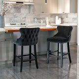 2x Velvet Upholstered Button Tufted Bar Stools with Wood Legs and Studs-Black - Extra Image
