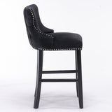 2x Velvet Upholstered Button Tufted Bar Stools with Wood Legs and Studs-Black - Top-Down View