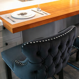 2x Velvet Upholstered Button Tufted Bar Stools with Wood Legs and Studs-Black - Extra Image