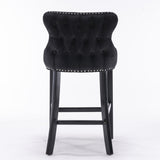 2x Velvet Upholstered Button Tufted Bar Stools with Wood Legs and Studs-Black - Rear View