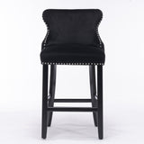 2x Velvet Upholstered Button Tufted Bar Stools with Wood Legs and Studs-Black - Side View