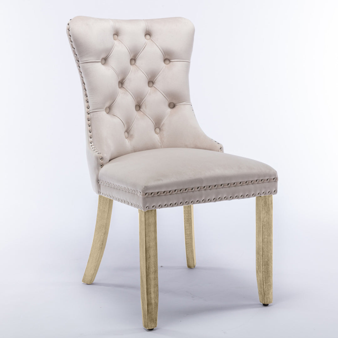 6x Velvet Dining Chairs Upholstered Tufted Kithcen Chair with Solid Wood Legs Stud Trim and Ring-Bei