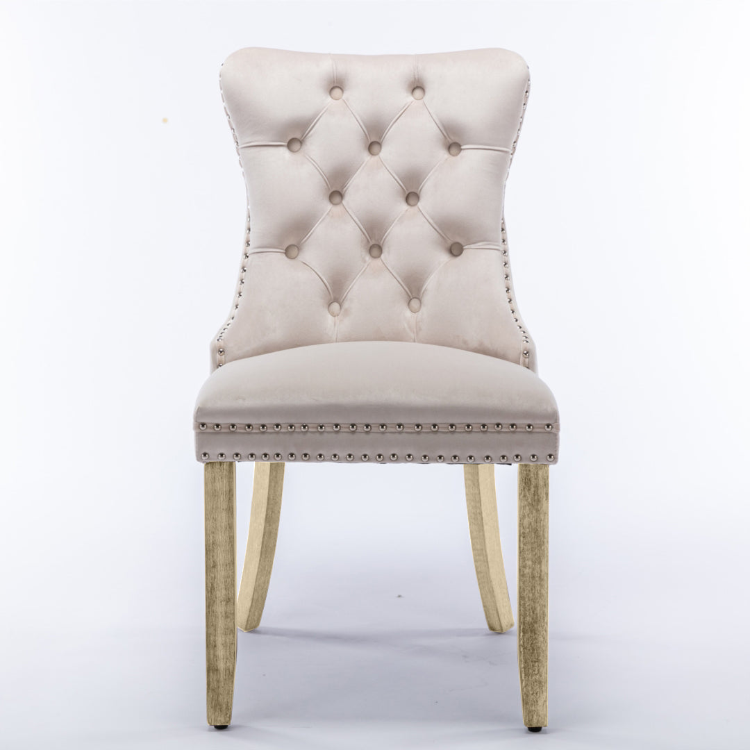 6x Velvet Dining Chairs Upholstered Tufted Kithcen Chair with Solid Wood Legs Stud Trim and Ring-Bei