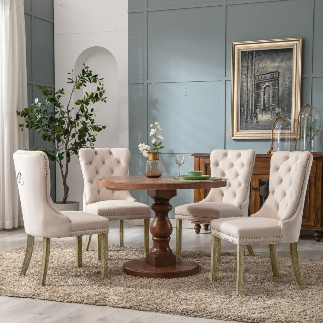 6x Velvet Dining Chairs Upholstered Tufted Kithcen Chair with Solid Wood Legs Stud Trim and Ring-Bei
