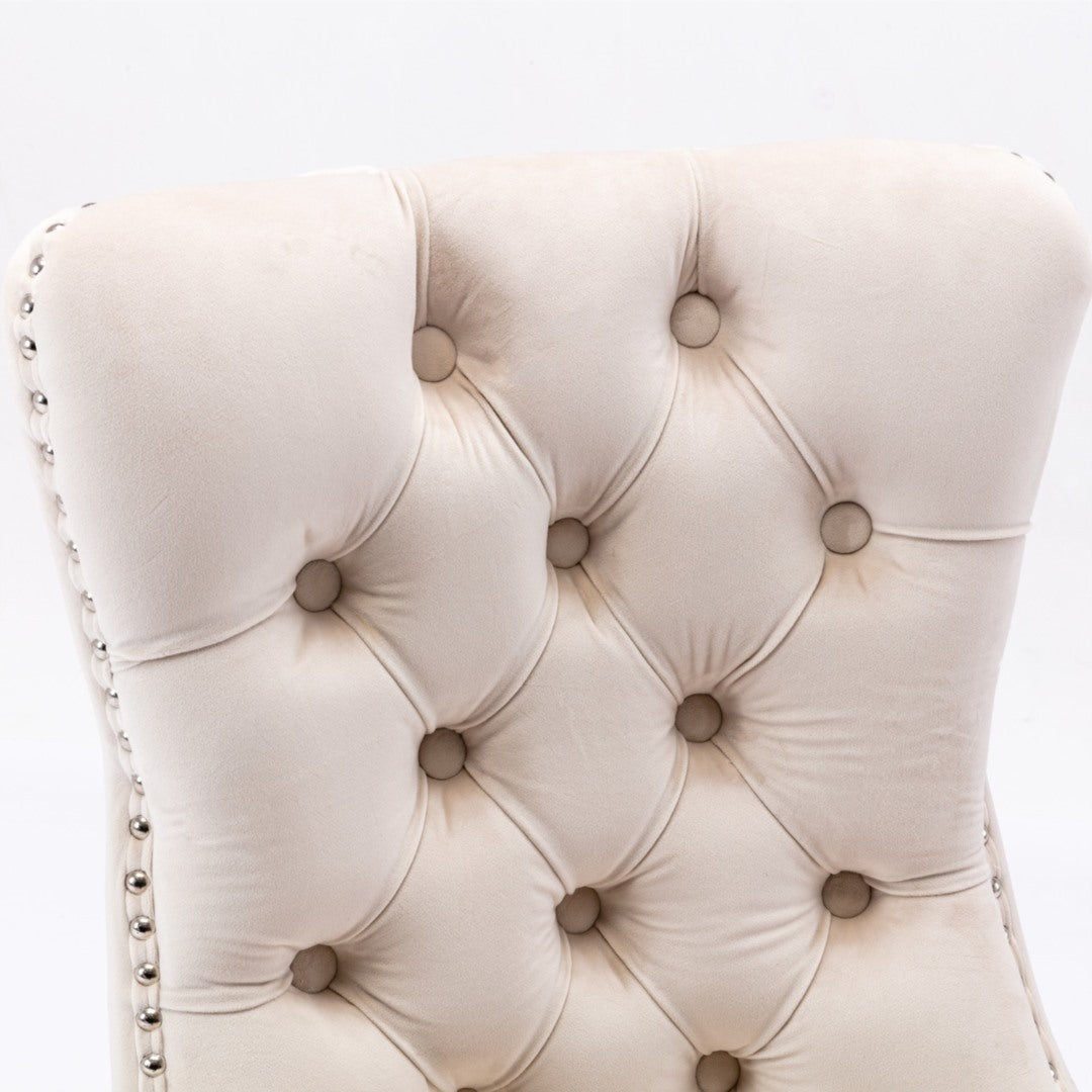 6x Velvet Dining Chairs Upholstered Tufted Kithcen Chair with Solid Wood Legs Stud Trim and Ring-Bei