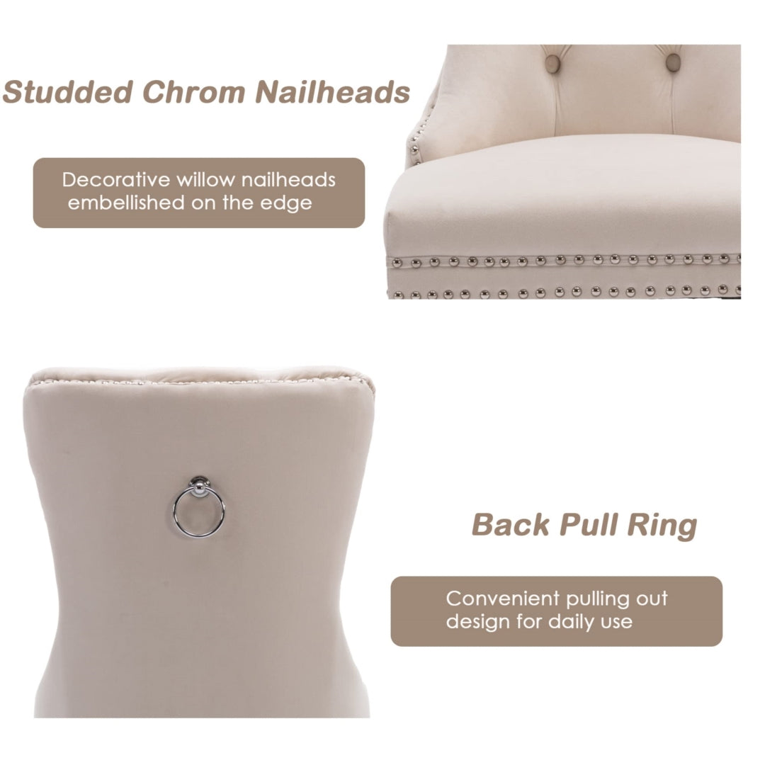 6x Velvet Dining Chairs Upholstered Tufted Kithcen Chair with Solid Wood Legs Stud Trim and Ring-Bei